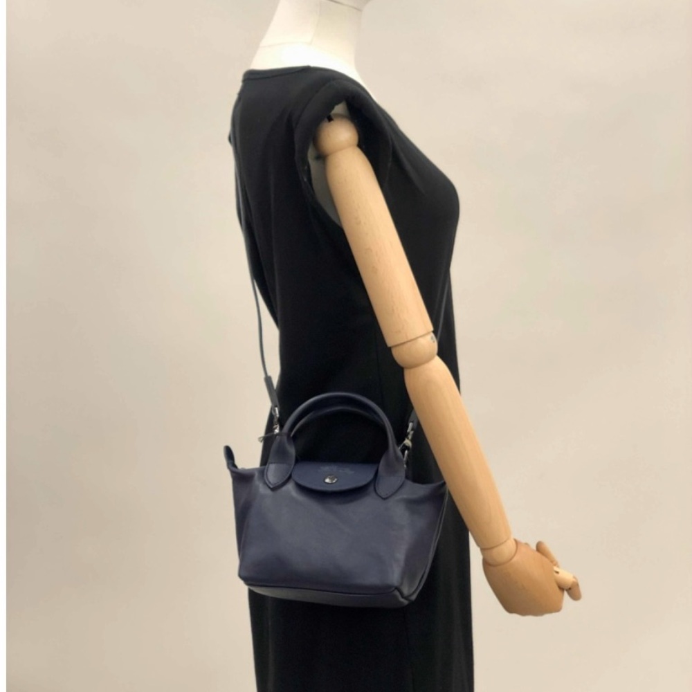 Longchamp Le Pliage Cuir XS Crossbody with top handle, Navy, Calfskin leather